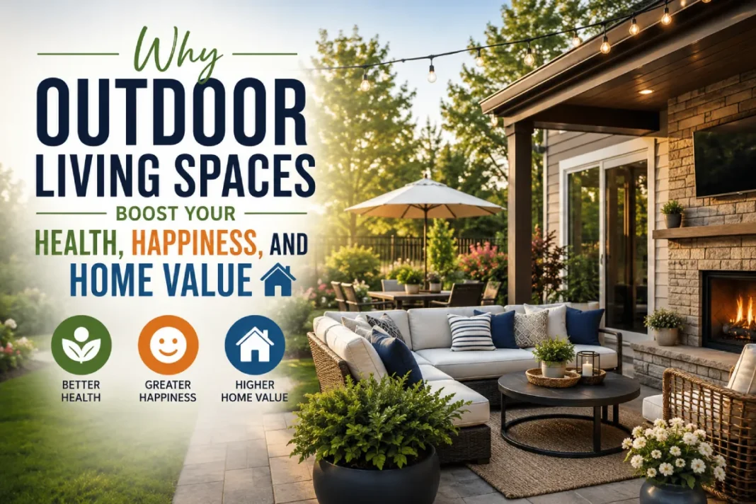 Modern outdoor living space with a stylish backyard patio, comfortable seating, lush landscaping, and cozy lighting that enhances health, happiness, and home value.