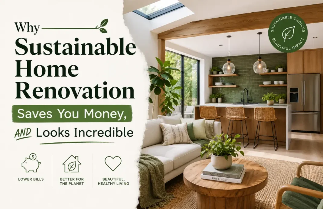 Modern sustainable home renovation featuring an eco-friendly kitchen and living room with natural materials, energy-efficient design, and indoor plants.