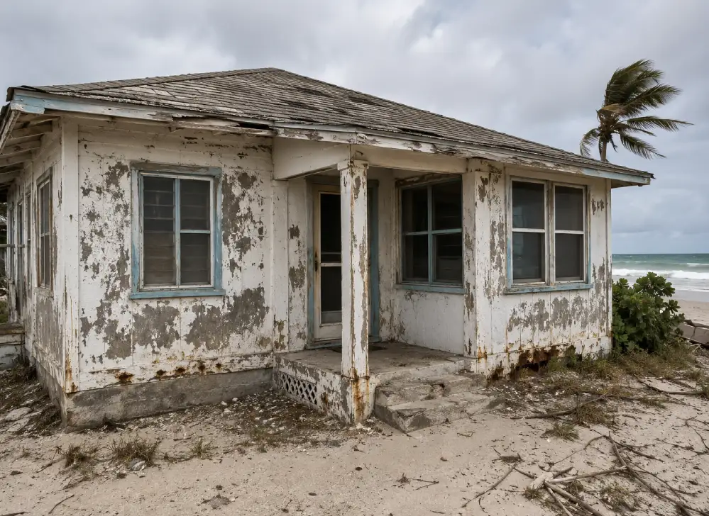 Weathered beachfront bungalow exterior showing salt corrosion and peeling paint before renovation.