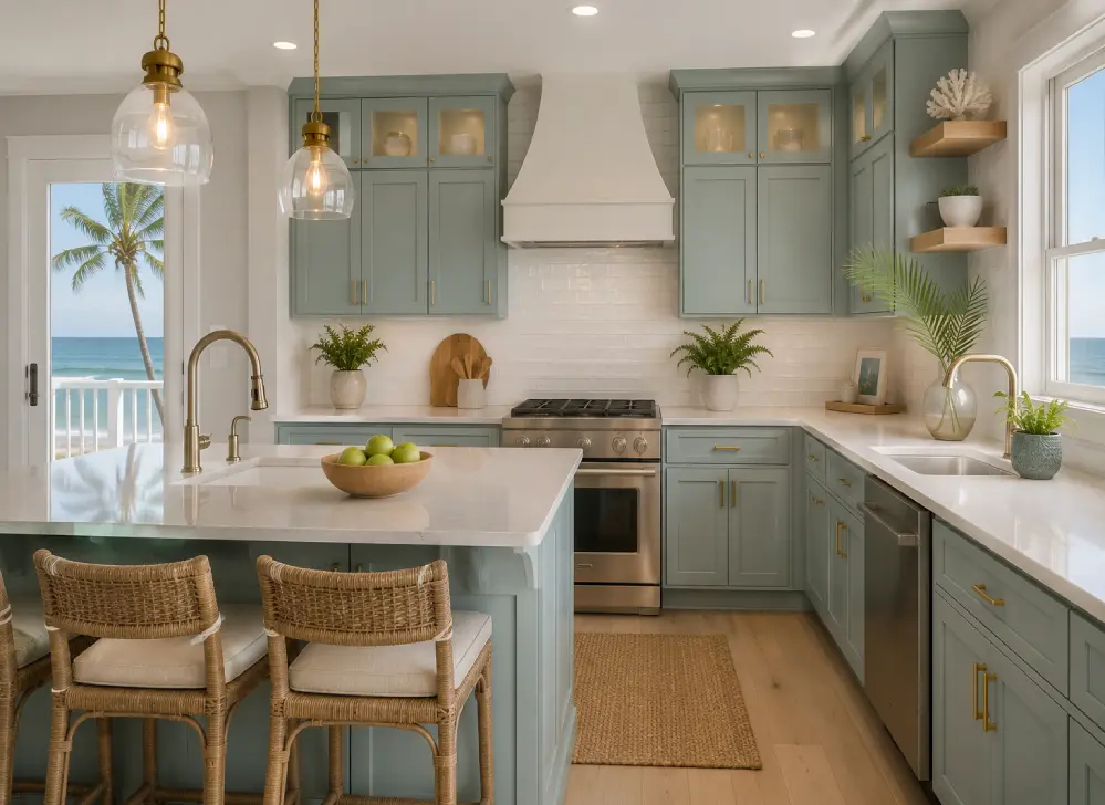 Renovated coastal kitchen with marine-grade cabinetry, open shelving, and ocean-facing window.
