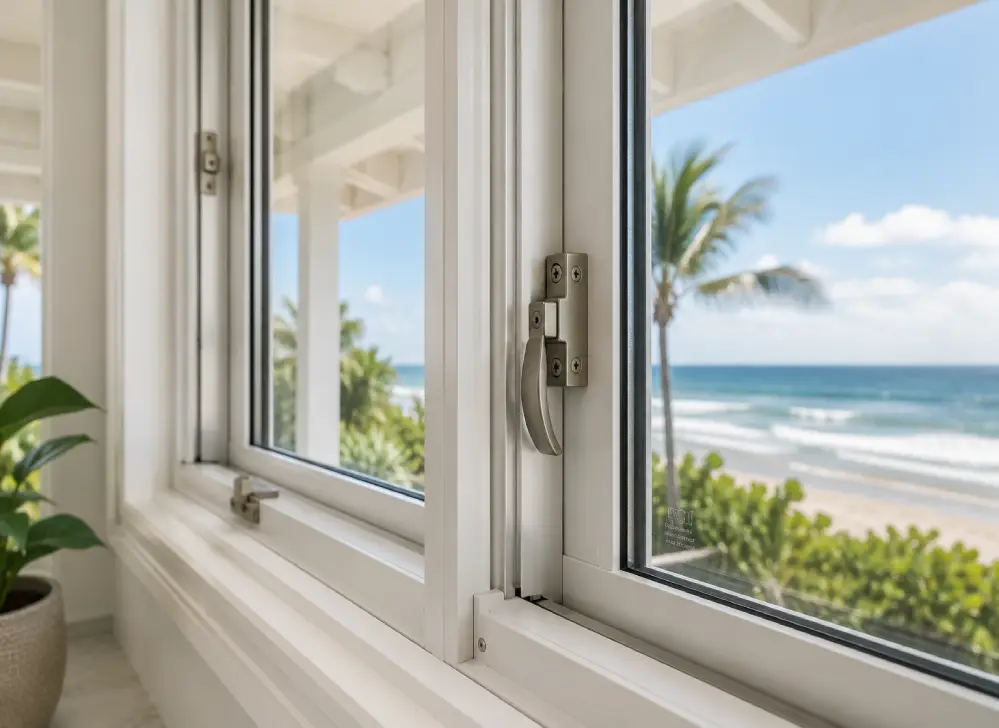 Close-up of impact-rated coastal window frame with visible stainless steel fasteners and weatherproof seal.