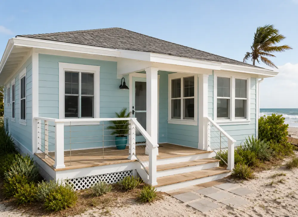 Renovated beachfront bungalow with fibre cement siding, composite decking, and hurricane-rated windows.