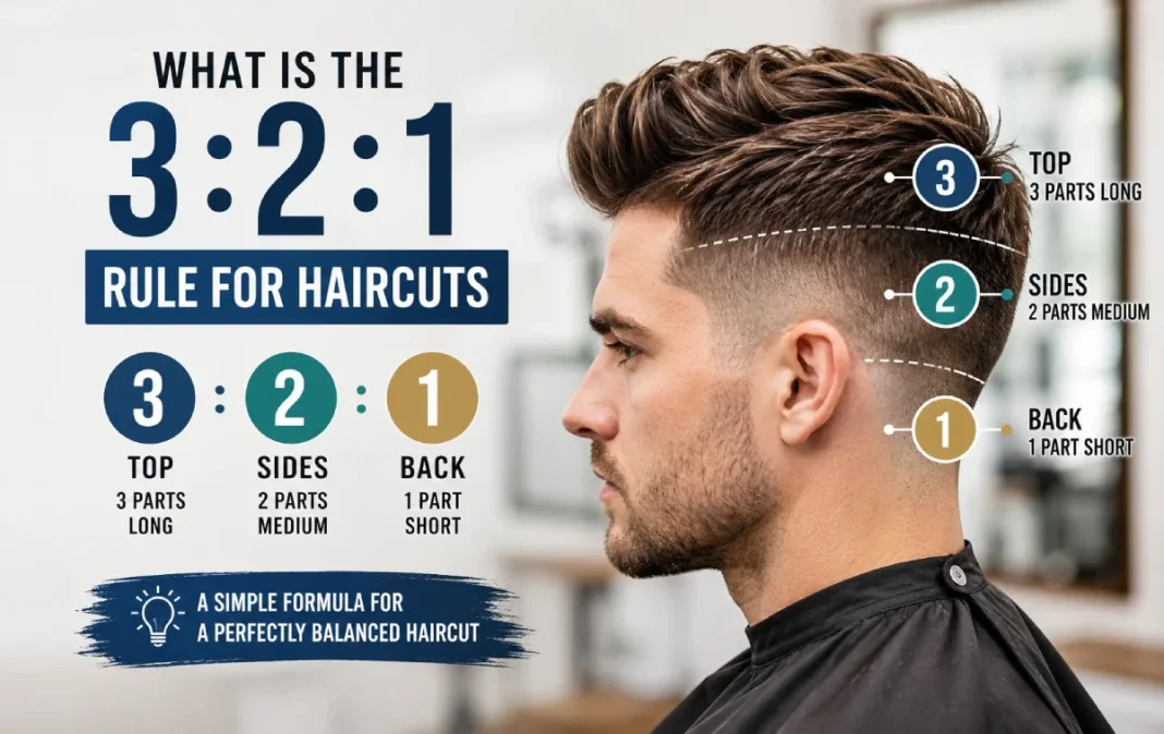 What Is the 3:2:1 Rule for Haircuts? Illustration explaining the 3:2:1 haircut rule with hair length proportions.