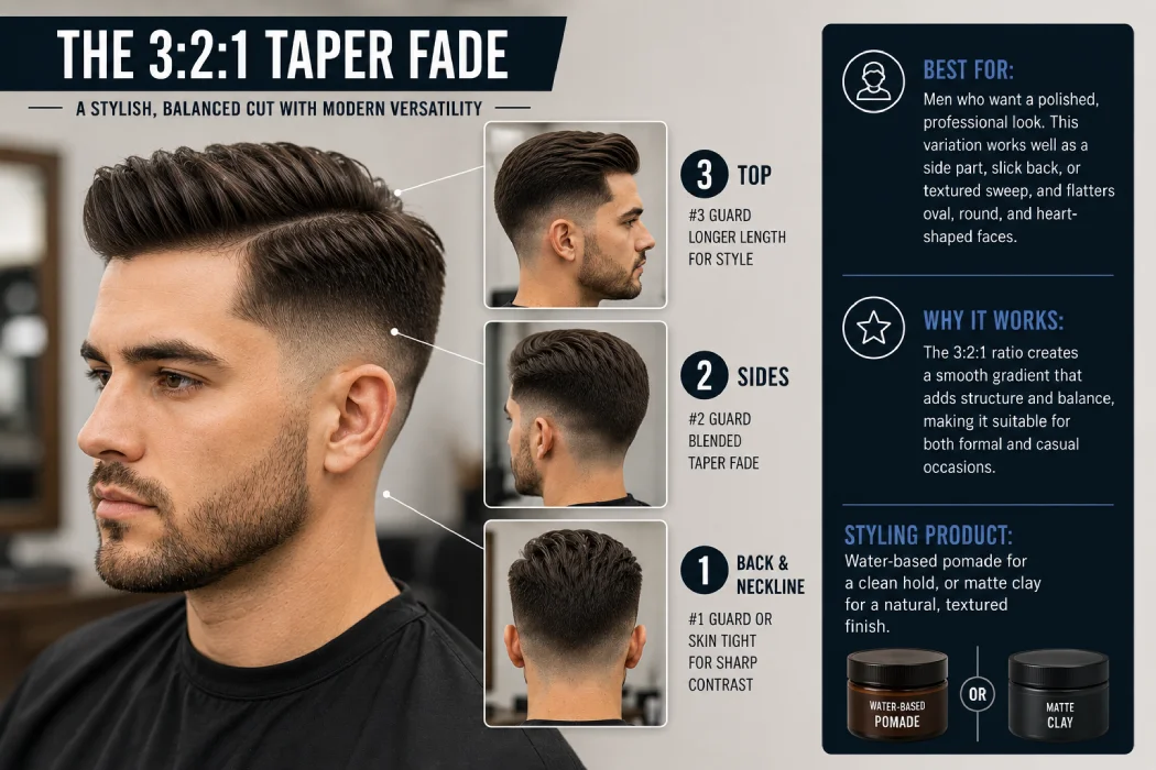 3:2:1 taper fade with a longer top and blended sides.