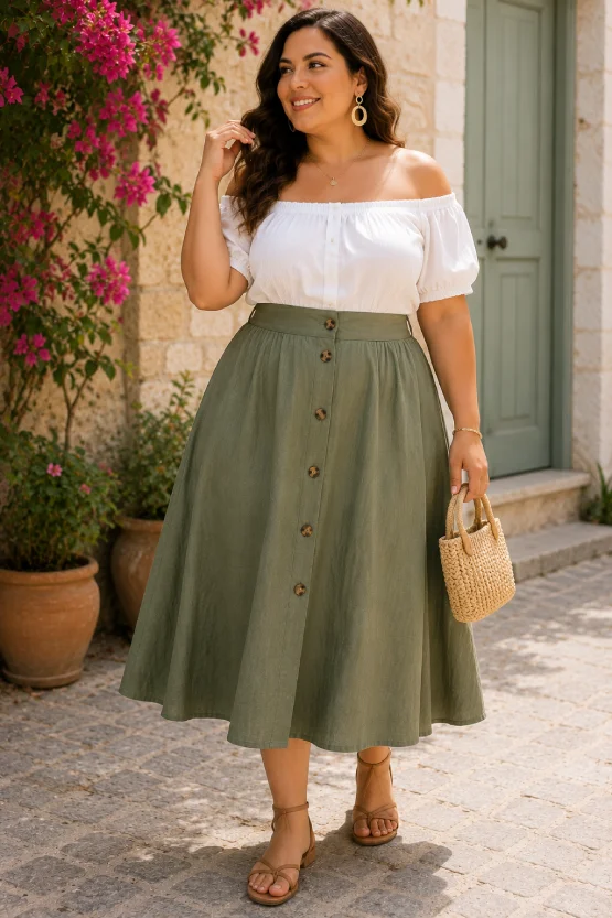 Curvy woman wearing an A-line midi skirt with a white off-the-shoulder top for summer.