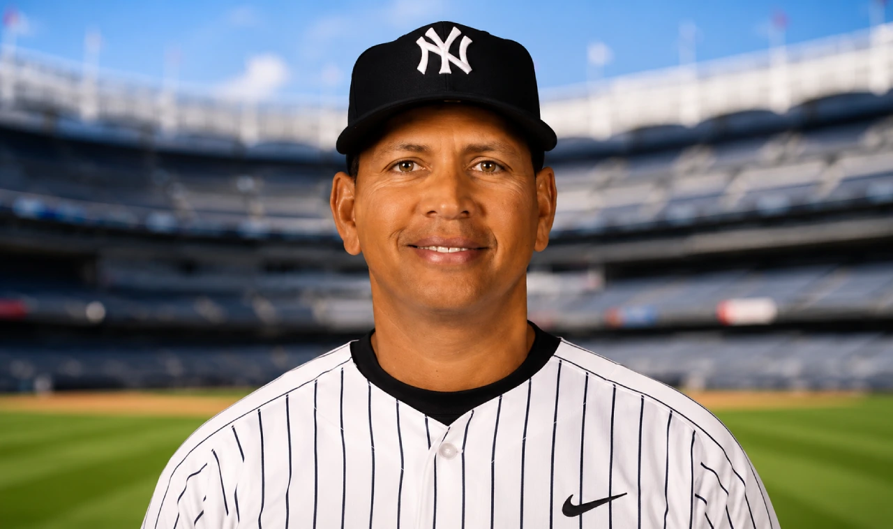 Alex Rodriguez as a baseball broadcaster with investment growth chart.