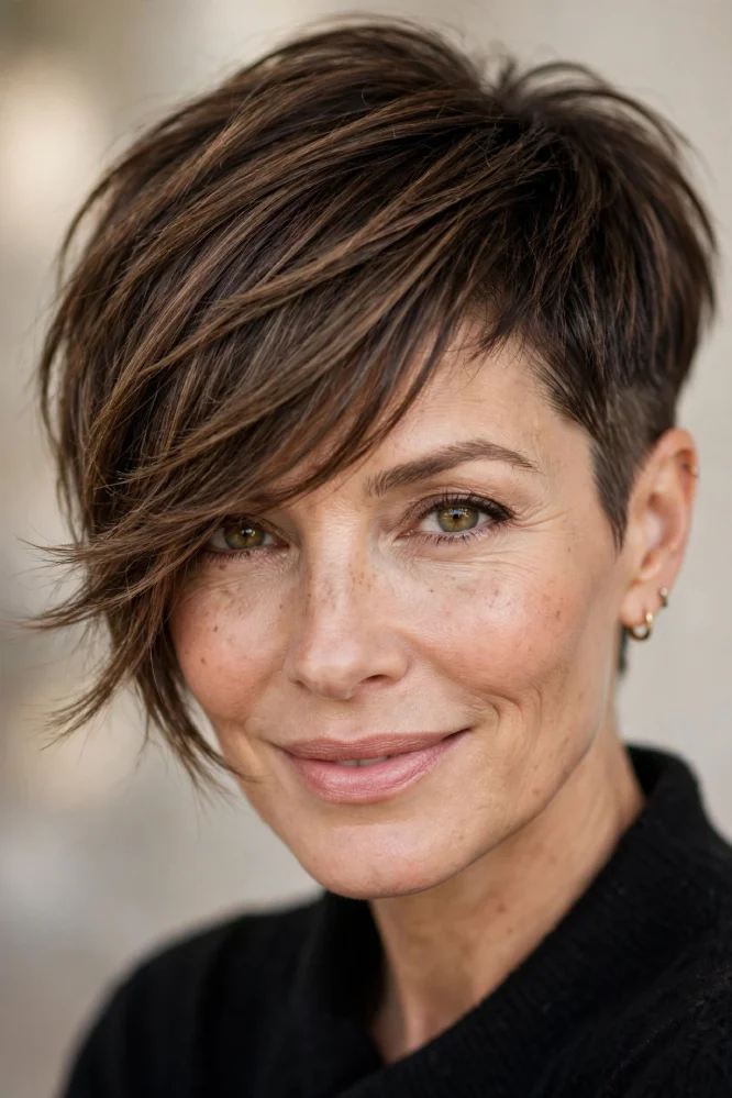 Woman with asymmetrical pixie cut, long side swept fringe and closely cropped sides