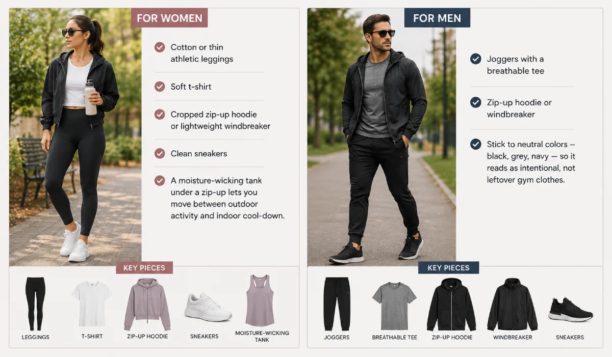 Athleisure outfit ideas for women and men in 60–70° weather.