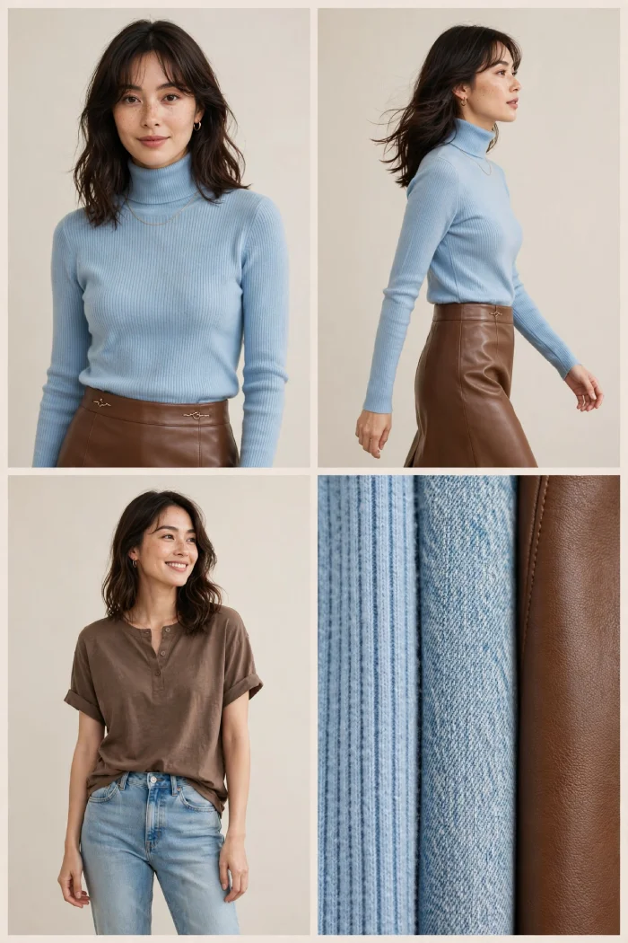 Woman wearing baby blue turtleneck with brown leather skirt and brown top with light denim jeans