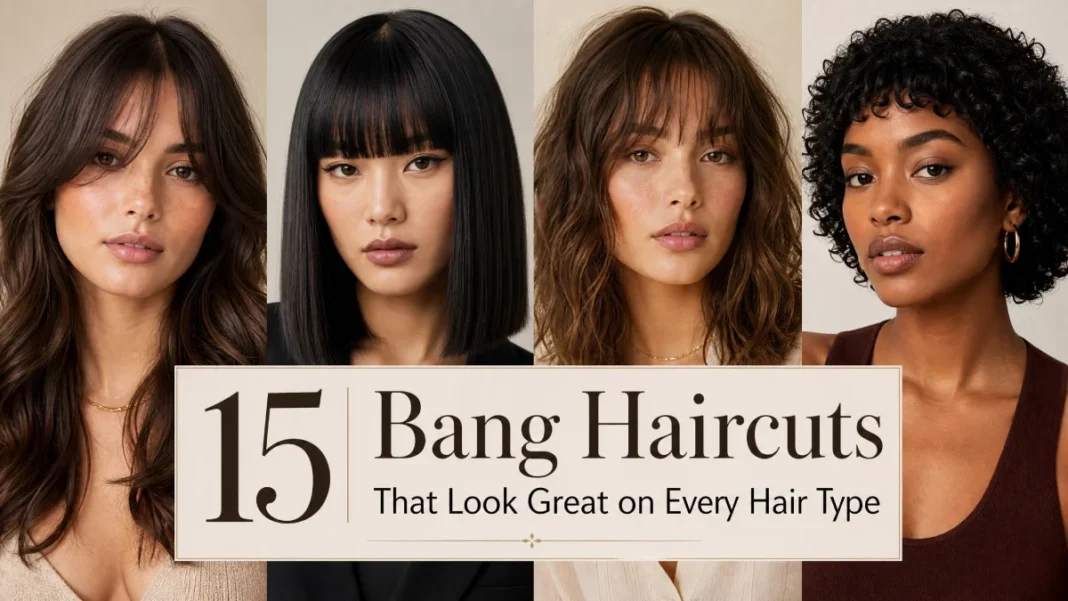 15 Bang Haircuts for Every Hair Type A professional collage featuring four women with diverse hair types (straight, wavy, curly, and coily) showcasing different bang styles like curtain, blunt, and wispy bangs.