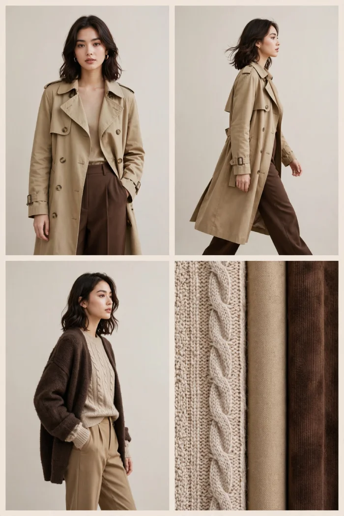 Woman styling tan trench coat over chocolate brown trousers in tonal brown look