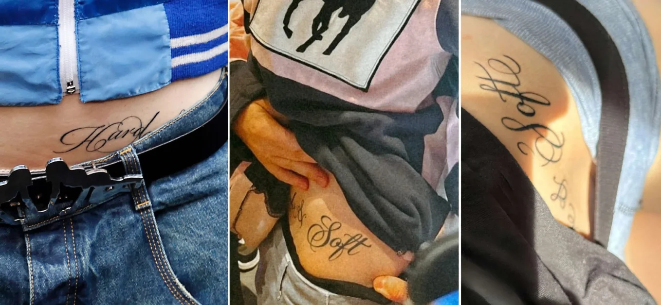 Billie Eilish Hard and Soft hip tattoos in cursive script shown in three-panel collage