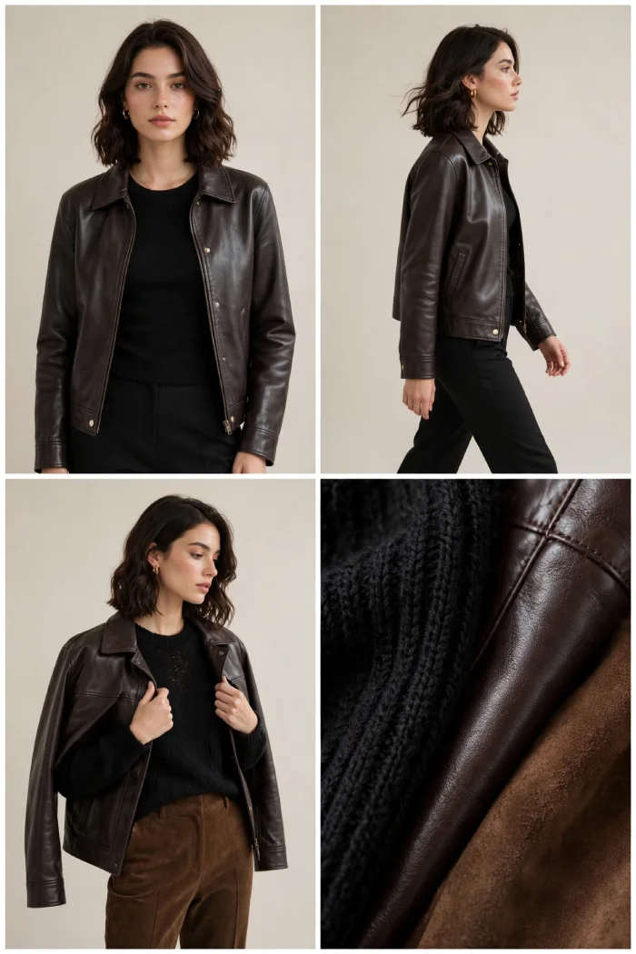 Woman wearing black outfit with dark brown leather jacket - 4 angle view