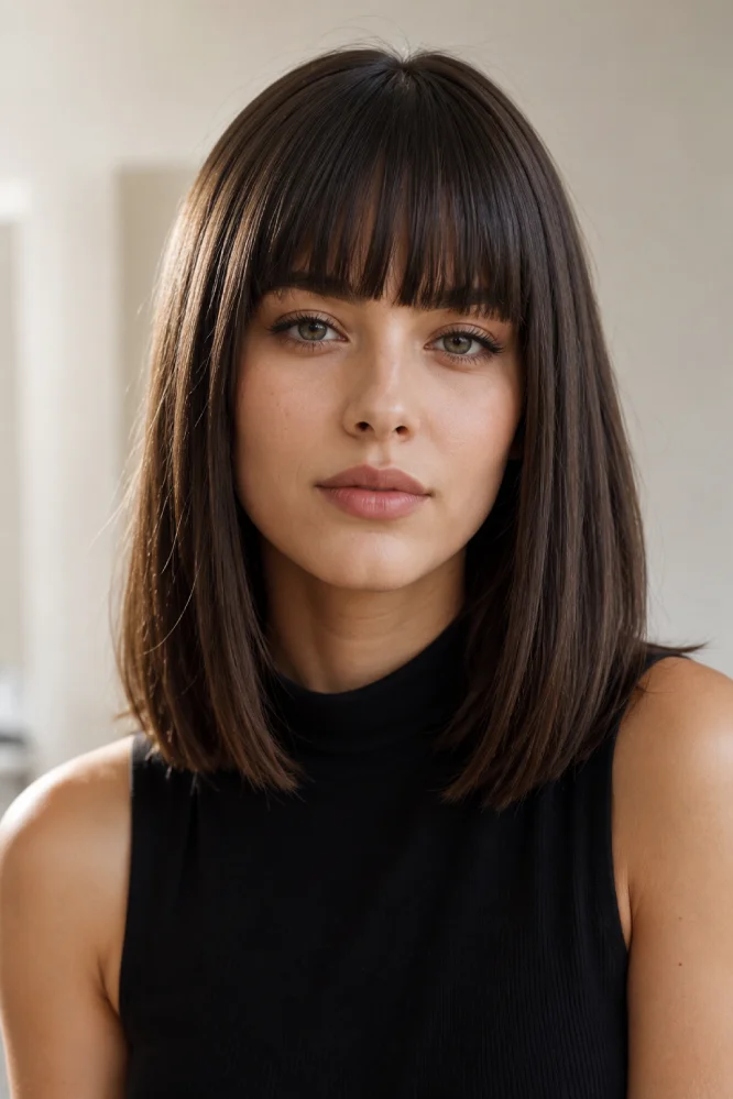 Woman with sleek blunt bangs cut straight across just above the eyebrows.