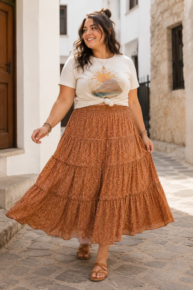 Curvy woman wearing a boho tiered midi skirt with a fitted graphic tee and sandals.