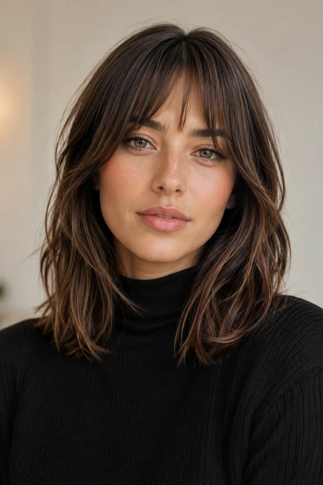 Woman with bottleneck bangs that are shorter at the center and longer toward the cheeks.