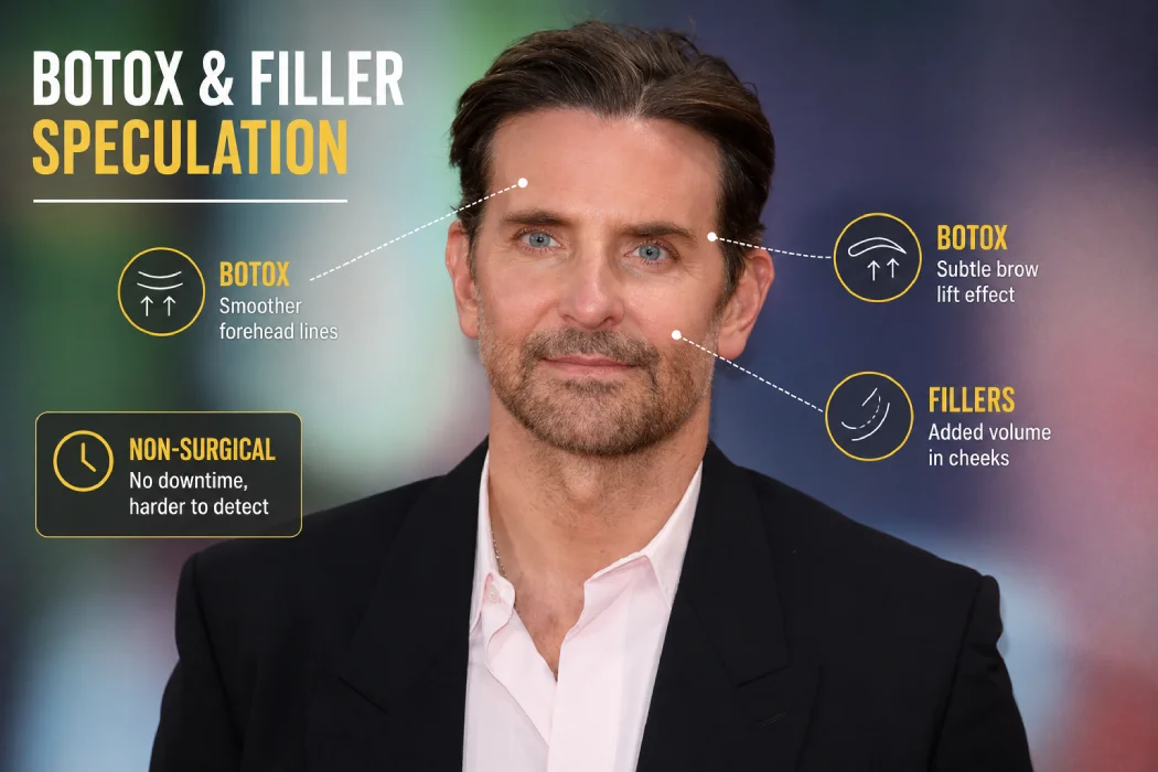 Close-up image highlighting facial areas linked to Bradley Cooper Botox and filler rumors.
