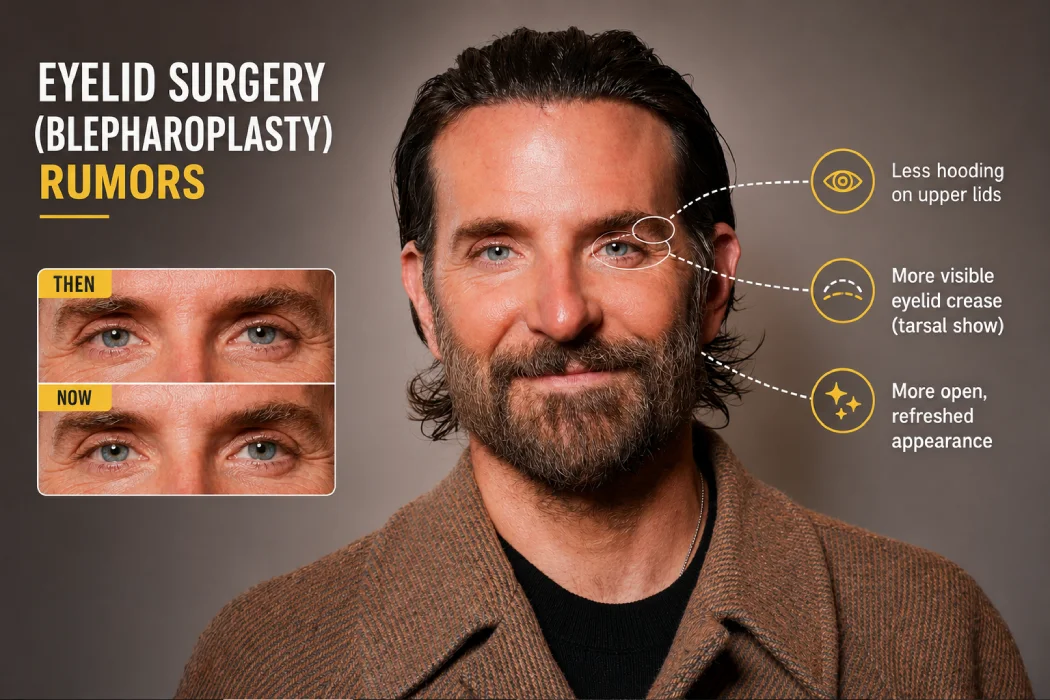 Close-up image highlighting Bradley Cooper's eyes amid eyelid surgery (blepharoplasty) rumors.
