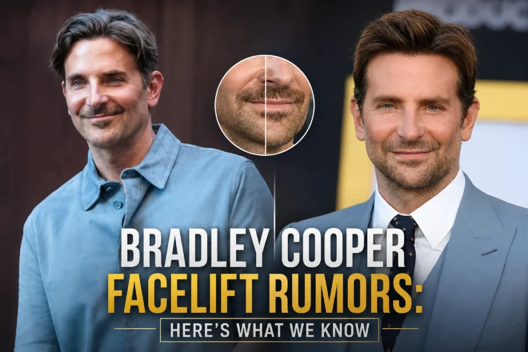 Side-by-side comparison of Bradley Cooper fueling facelift rumors and appearance speculation.