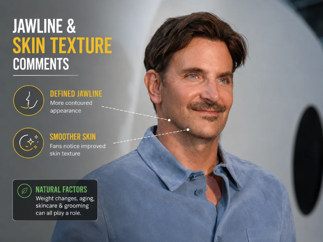 Close-up image highlighting Bradley Cooper's defined jawline and smooth skin texture.