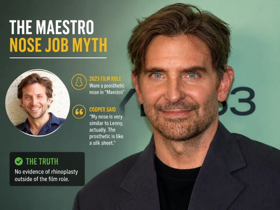 Infographic explaining why Bradley Cooper's Maestro prosthetic nose sparked nose job rumors.
