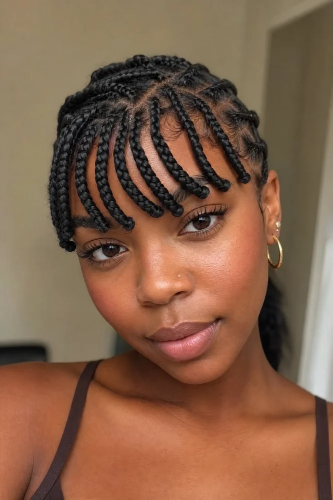 Close-up portrait of a person with short braided bangs sweeping across the forehead, showcasing natural textures.