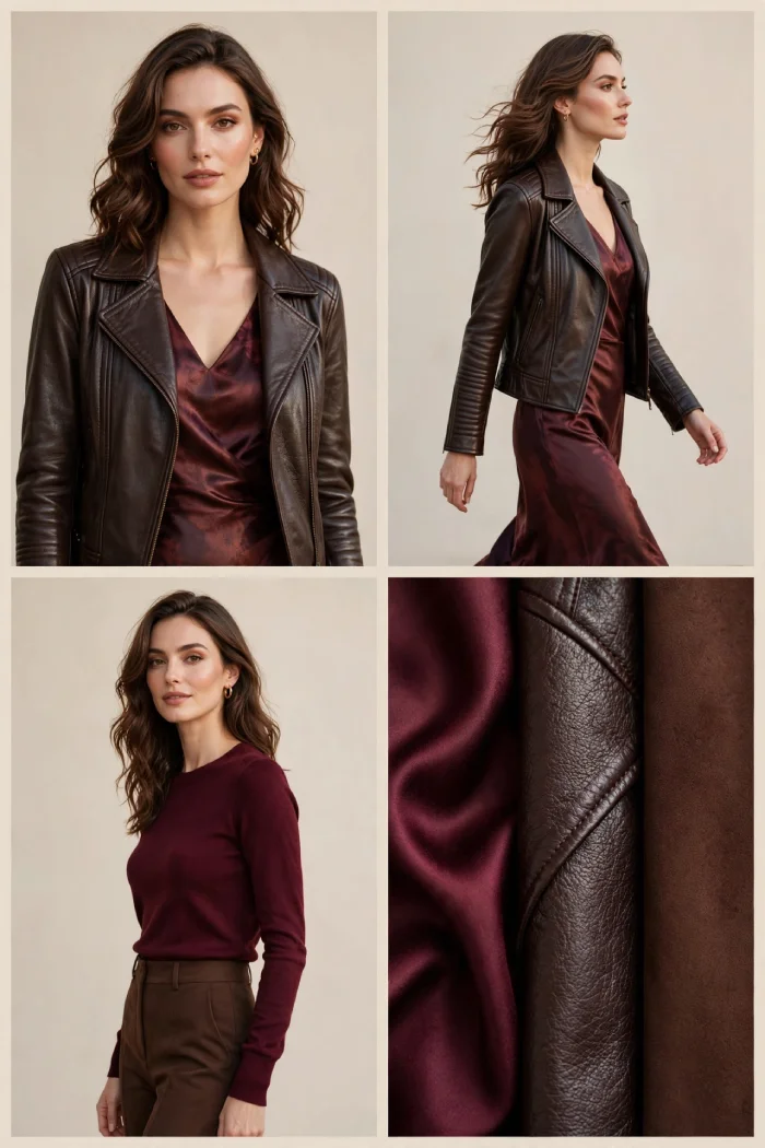 Woman wearing dark brown leather jacket over merlot dress and burgundy sweater with brown trousers