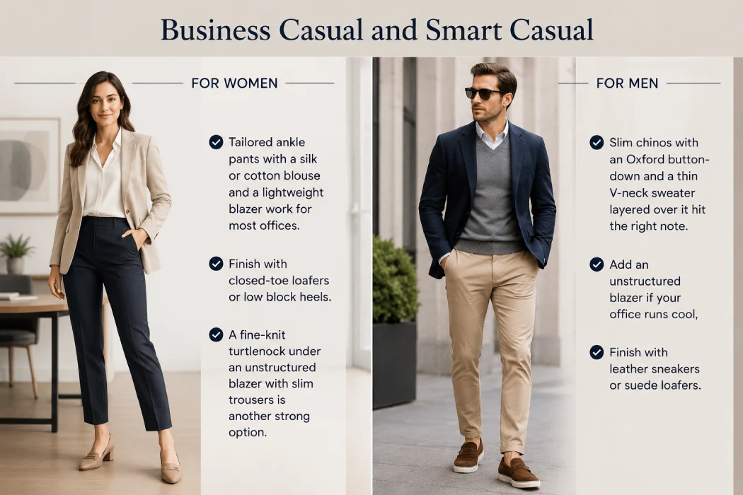 Side-by-side business casual outfits for women and men in mild weather.