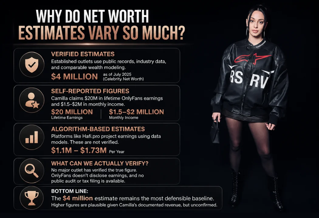 Infographic comparing verified, self-reported, and estimated figures for Camilla Araujo's net worth.