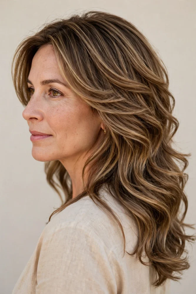 Woman with cascading waterfall layers and soft waves, warm highlights