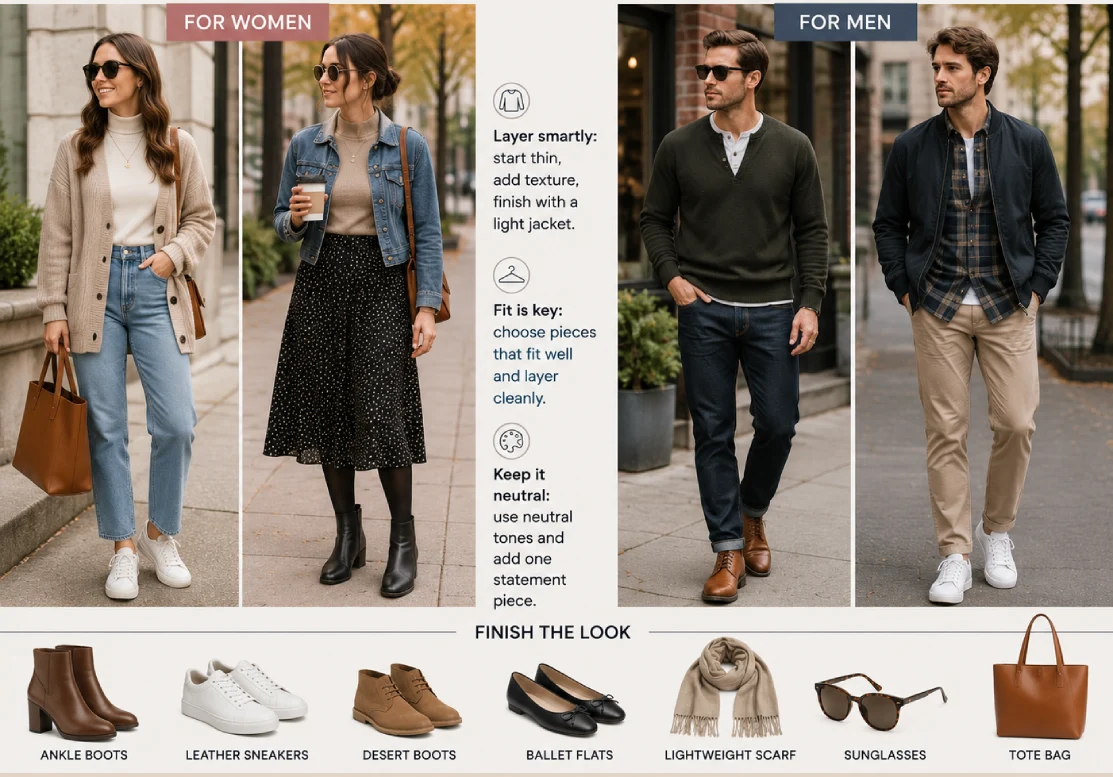 Casual everyday outfit ideas for women and men in 60–70° weather.