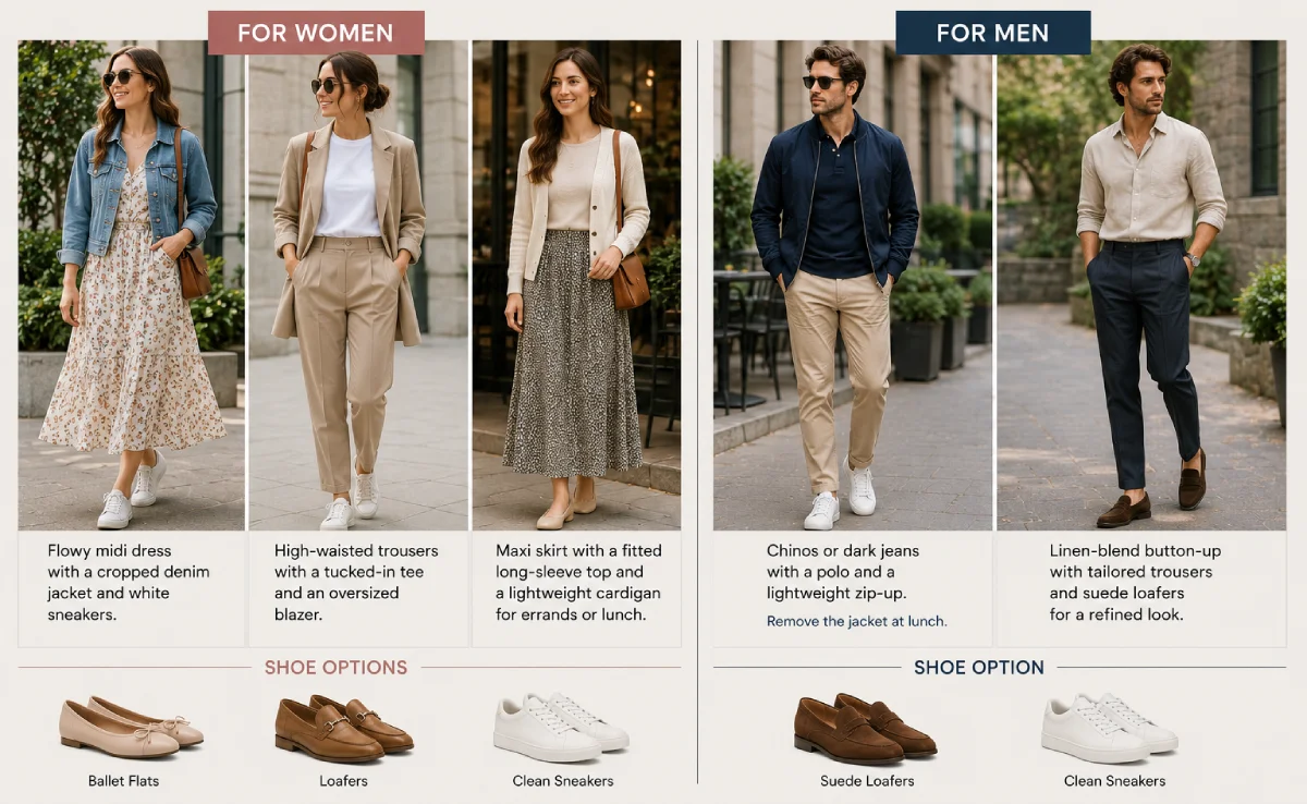 Casual and smart casual outfit ideas for women and men in 60–70° weather.