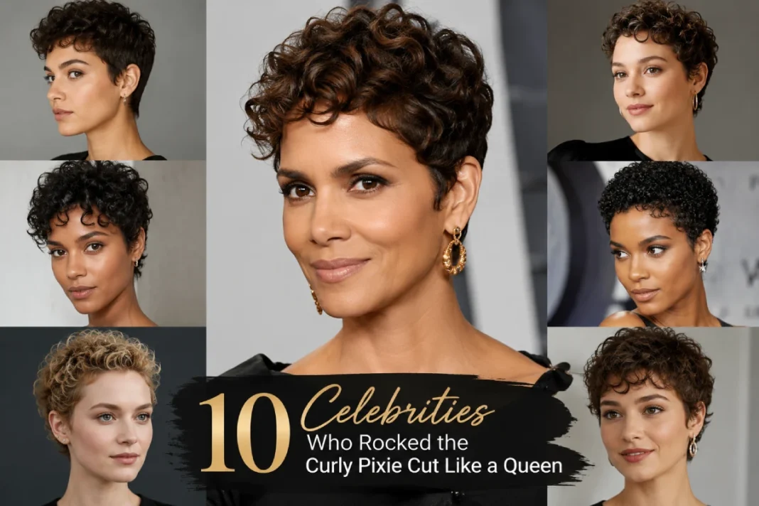 Celebrities Who Rocked the Curly Pixie Cut Like a Queen Collage of celebrities wearing stylish curly pixie cut hairstyles with natural curls and elegant looks.