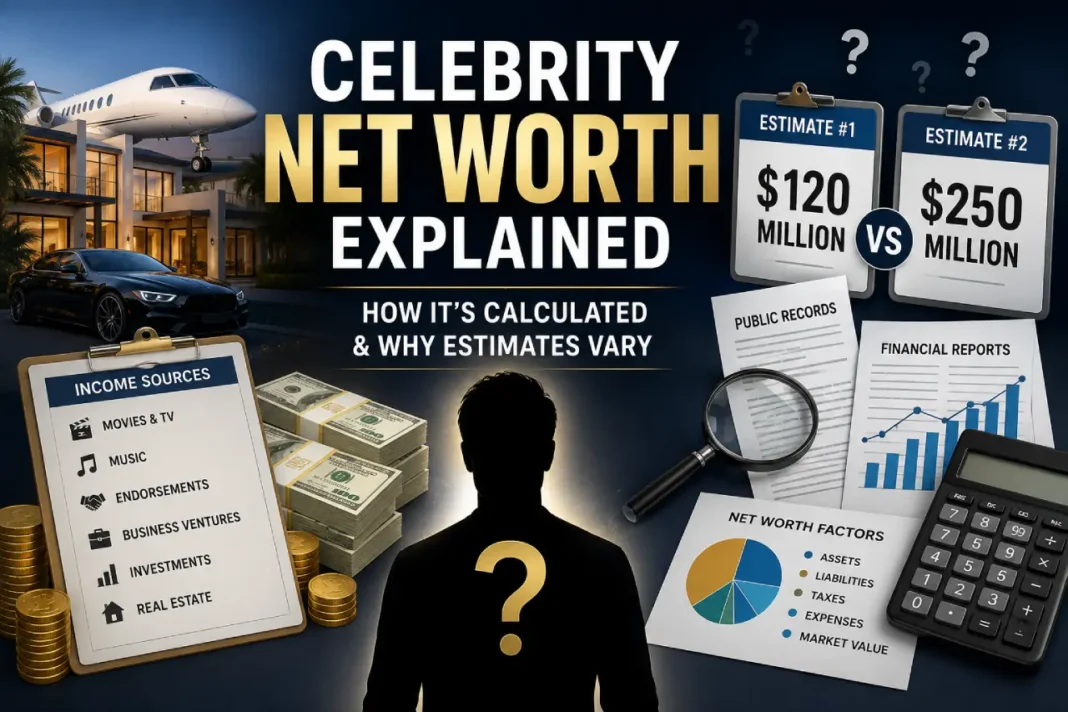 Celebrity Net Worth Explained Featured Image Celebrity net worth calculation showing assets, liabilities, investments and luxury wealth illustration