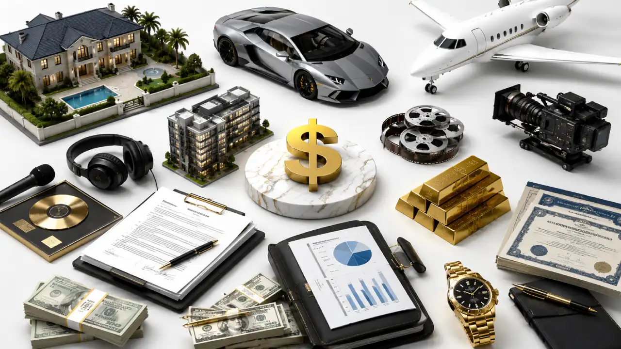 Different sources that contribute to celebrity net worth including assets and income