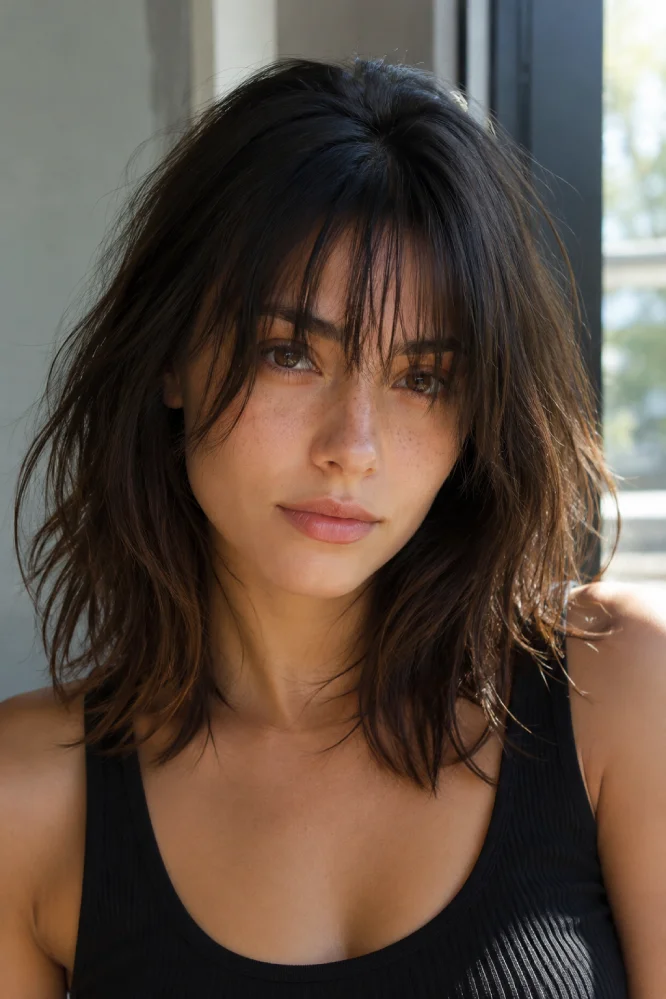 Woman with textured choppy bangs cut at uneven lengths for an edgy, effortless look.