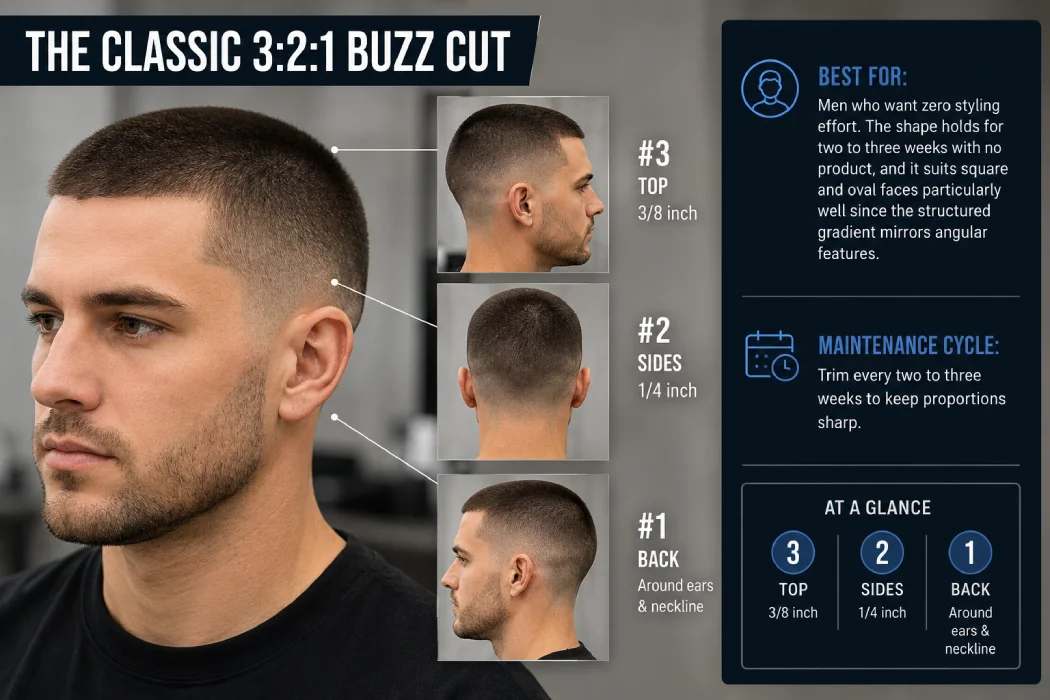 Classic 3:2:1 buzz cut showing #3 top, #2 sides, and #1 back.