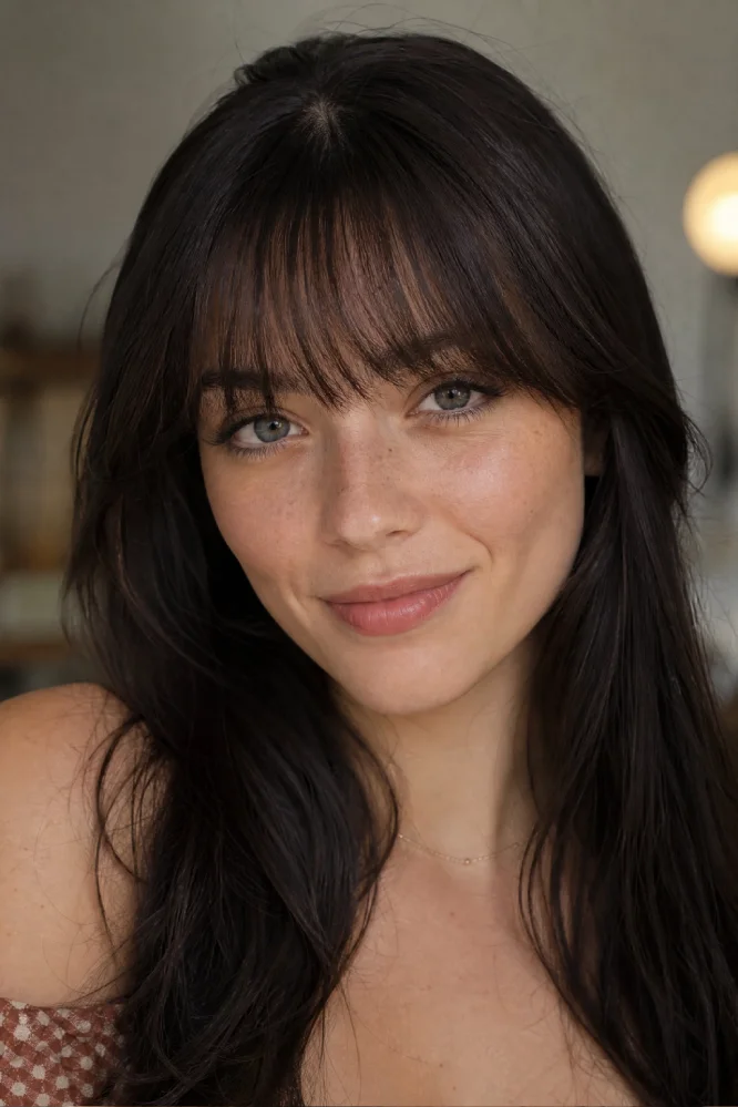 Close-up image of a person wearing natural-looking clip-in bangs, showcasing a temporary fringe.