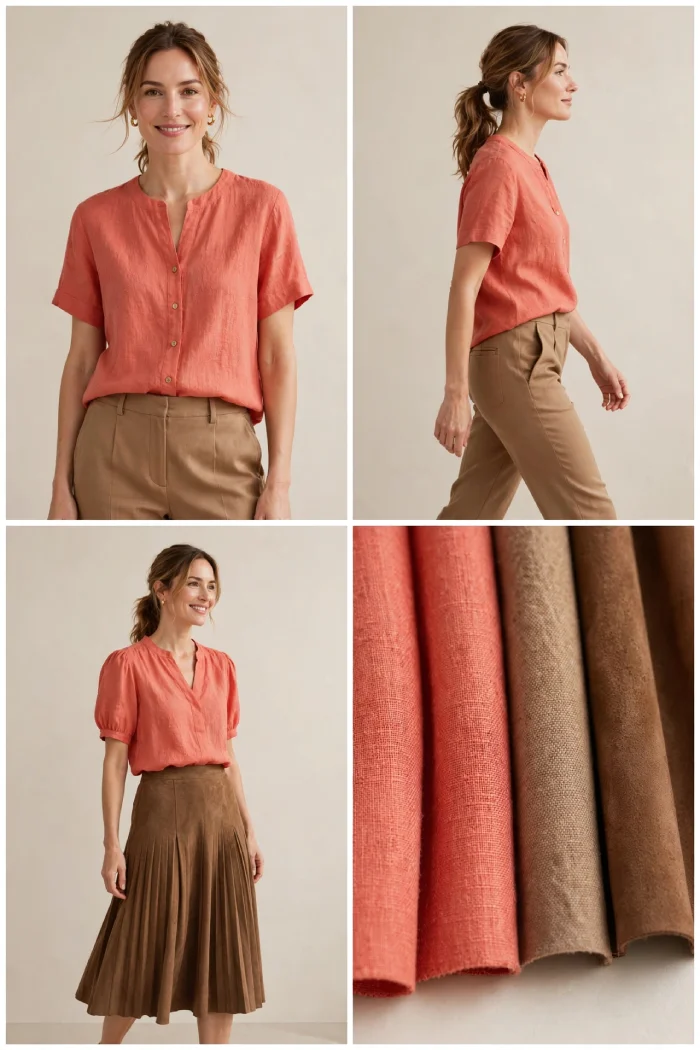 Woman wearing coral top with light brown trousers and coral blouse with brown pleated skirt