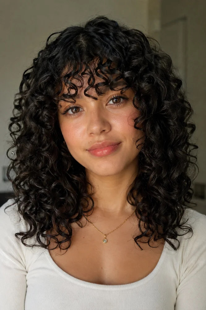 Woman with natural curly bangs framing the forehead.