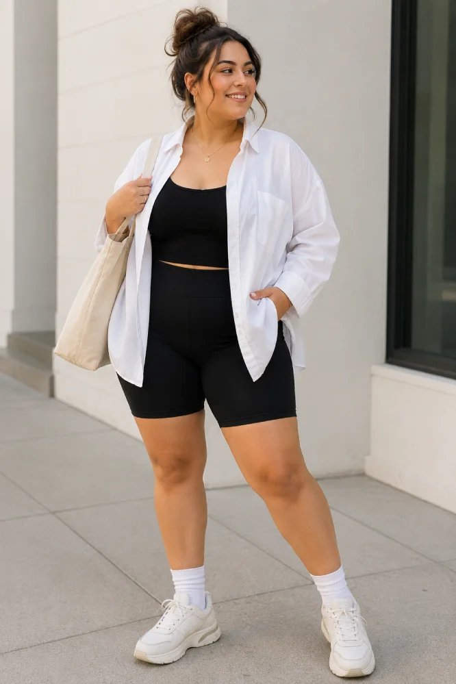 Plus-size woman styling black biker shorts with an oversized white button-down shirt and chunky sneakers.