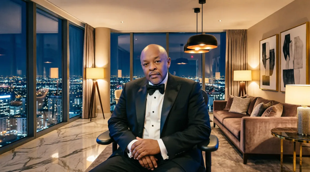 Editorial graphic representing Dr. Dre's estimated $1 billion net worth from the Beats acquisition and music royalties