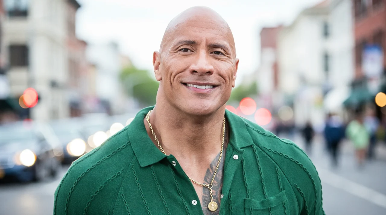 Dwayne Johnson posing inside a luxury business office.