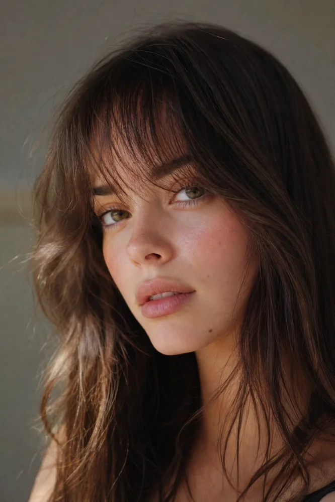 Close-up image of a person with ultra-light, wispy feathered bangs creating a soft gradient effect.