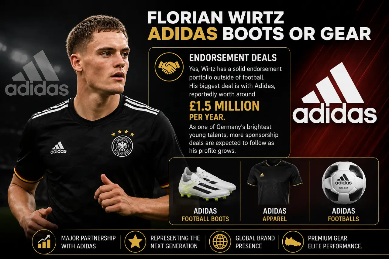 Graphic featuring Florian Wirtz with Adidas branding, football boots, jersey, and ball, highlighting his reported Adidas endorsement deal worth approximately £1.5 million per year.