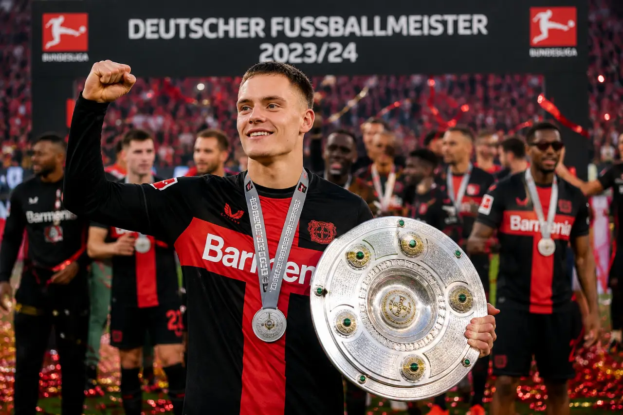 Florian Wirtz celebrating Bayer Leverkusen's Bundesliga title triumph while holding the championship trophy on the pitch with teammates in the background.