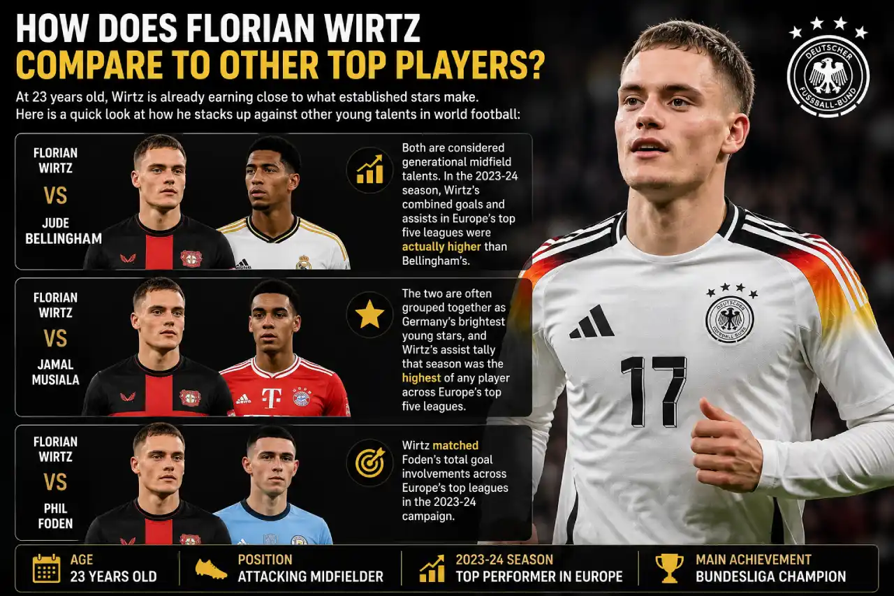Florian Wirtz wearing the Germany national team jersey alongside comparisons with Jude Bellingham, Jamal Musiala, and Phil Foden based on recent performances in European football.