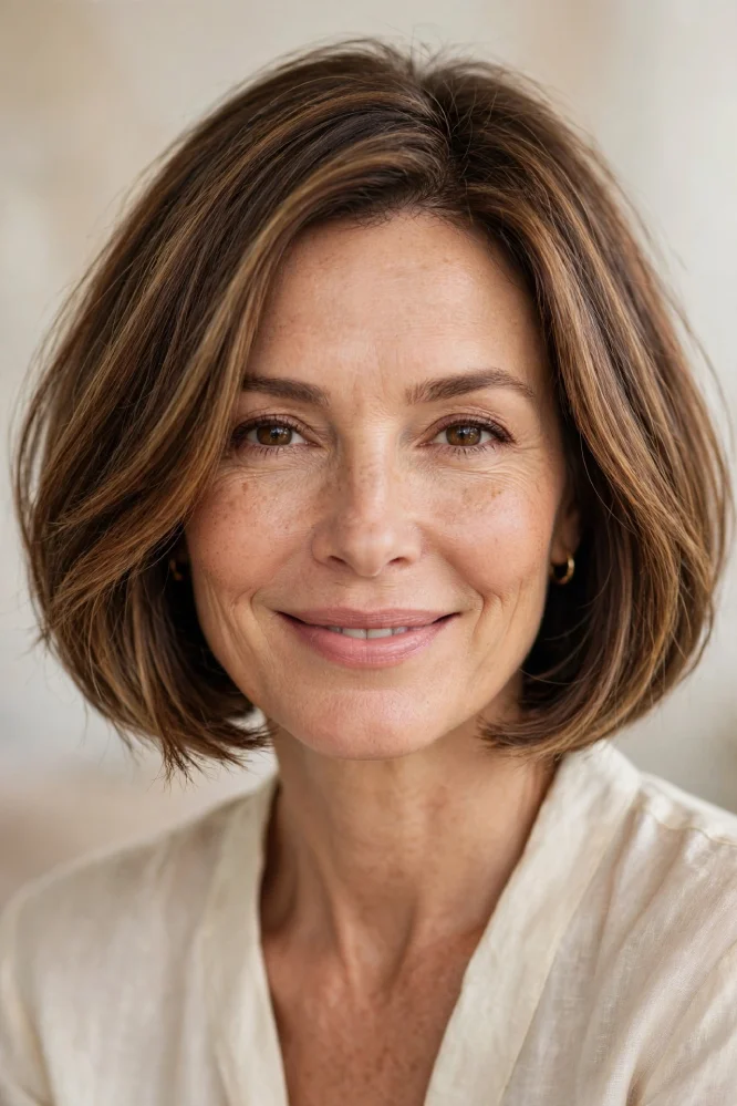 Woman with French bob between jaw and chin in warm caramel brown with soft feathered ends