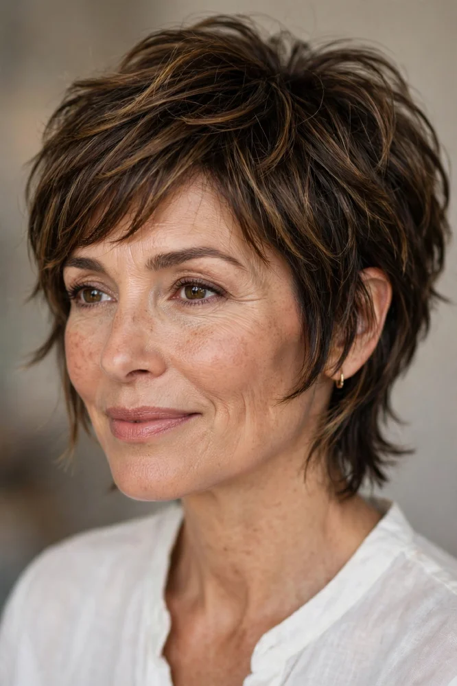 Woman with French bob between jaw and chin, soft feathered ends, warm caramel brown tones