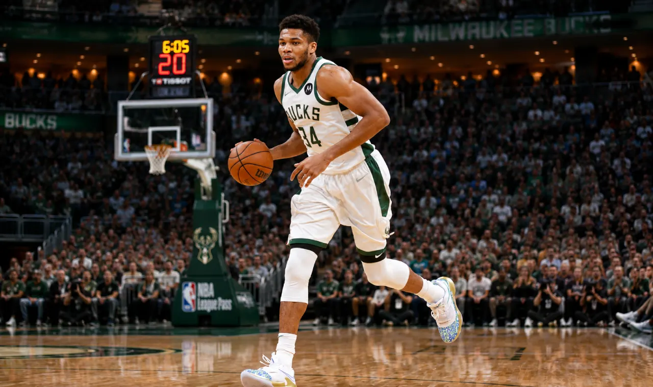 Giannis Antetokounmpo signing a contract with Nike and Disney branding in the background.